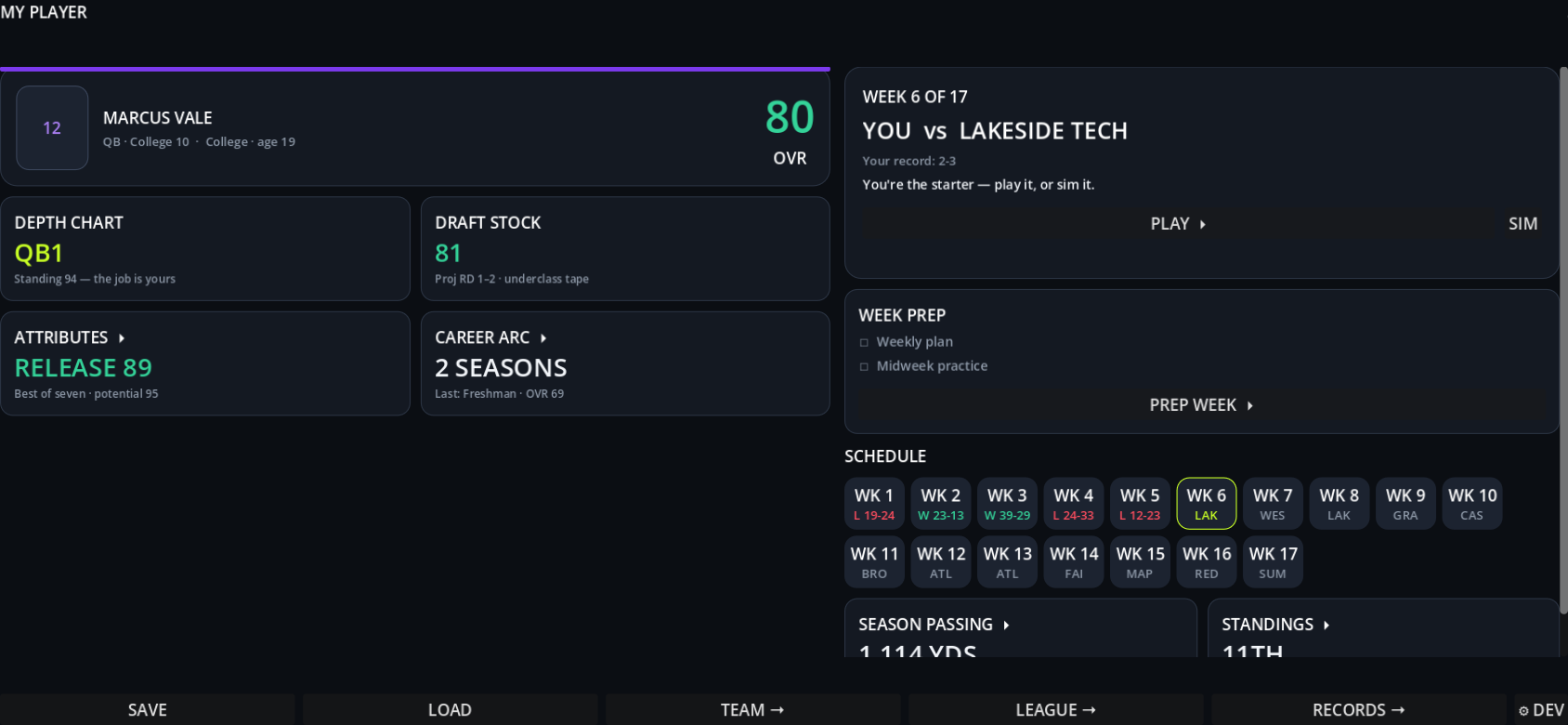 Your career cockpit — stats, schedule, and what's next